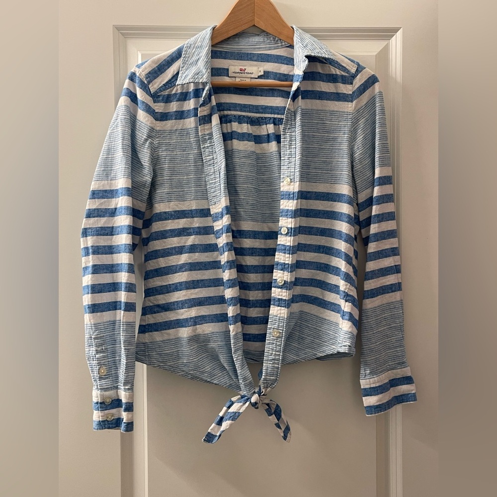 Vineyard Vines Blue and White Striped Tie-Front Button-Up Blouse Linen Blend